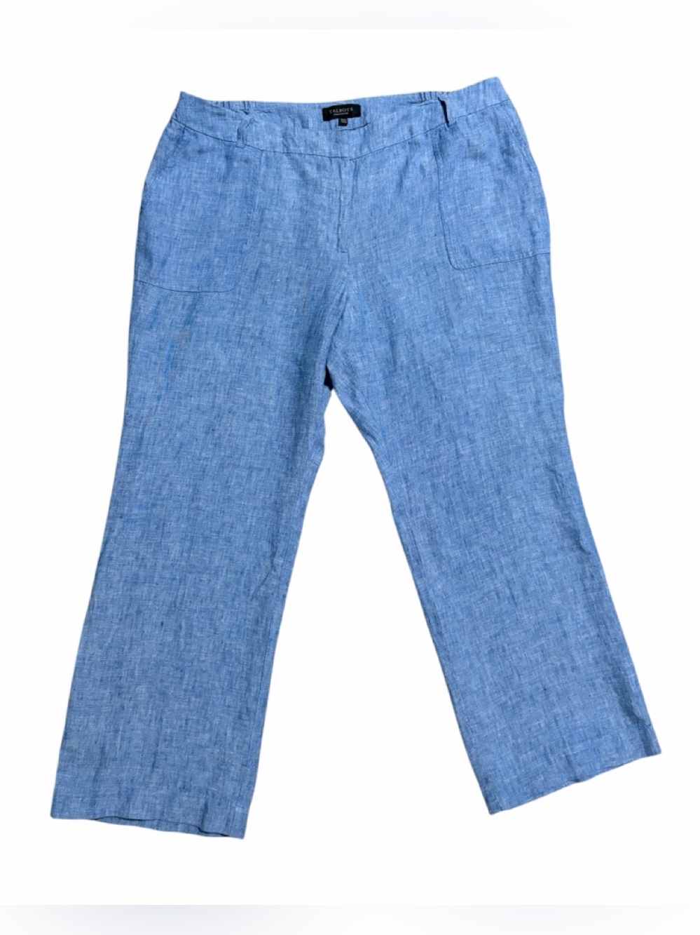 Talbots Light Blue Straight Leg Pants Washed 100% Linen Patch Pocket Pants 18WP